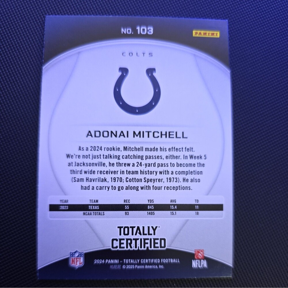 2024 Panini Totally Certified Football - ADONAI MITCHELL RC #103 - COLTS - Picture 2 of 2